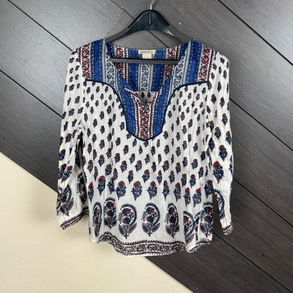 Lucky Brand Women's Small Cotton Floral Paisley Boho Peasant Blouse Blue White